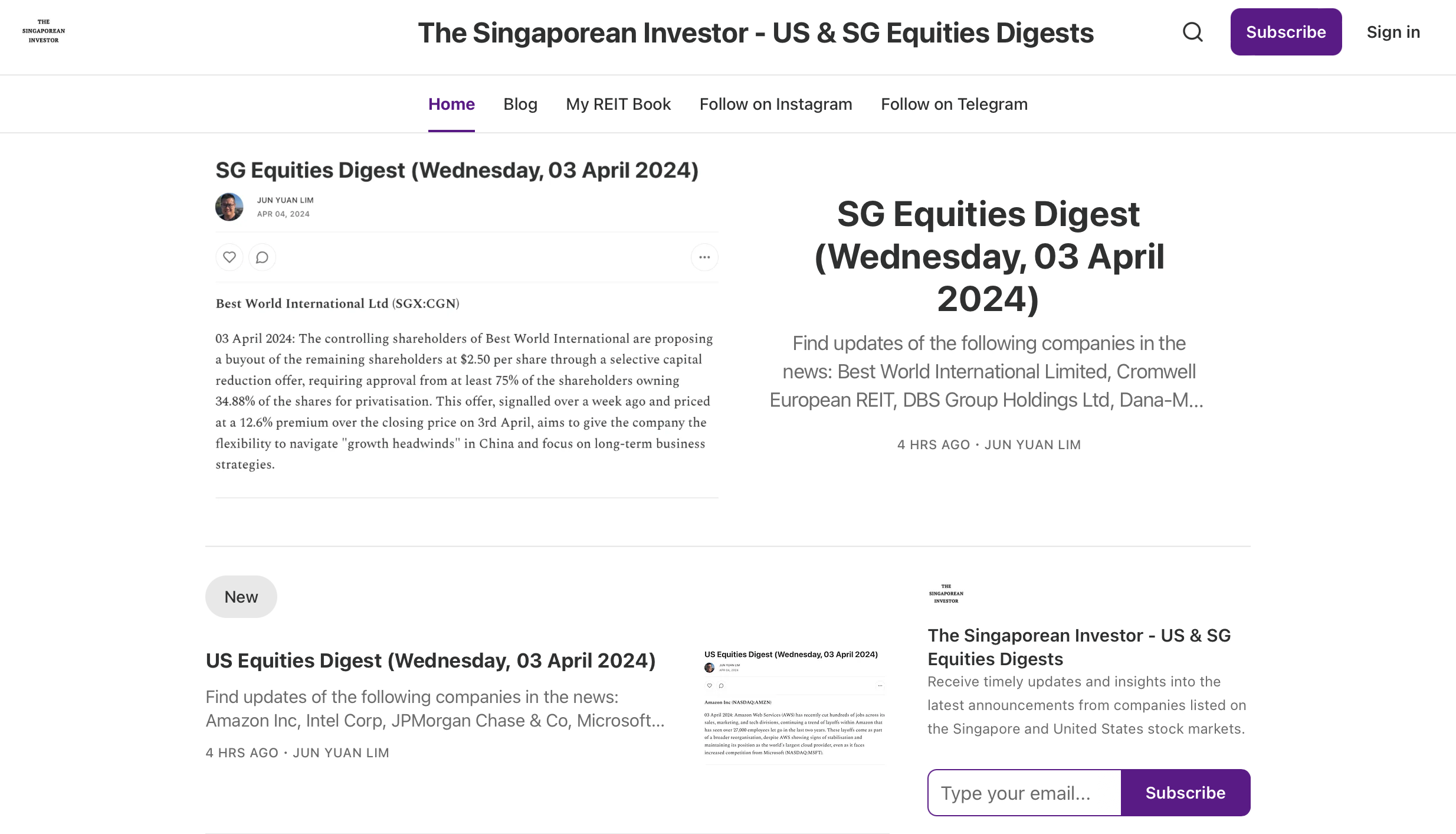Get Daily Updates on Companies Listed in the US and Singapore Stock Markets on The Singaporean Investor's Substack Page