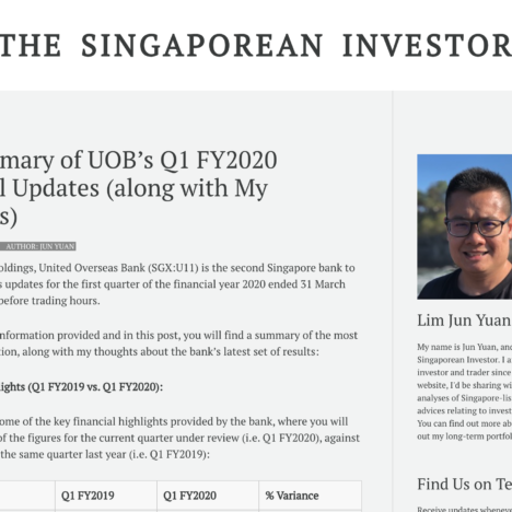 Key Summary of UOB’s Q1 FY2020 Financial Updates (along with My Thoughts)