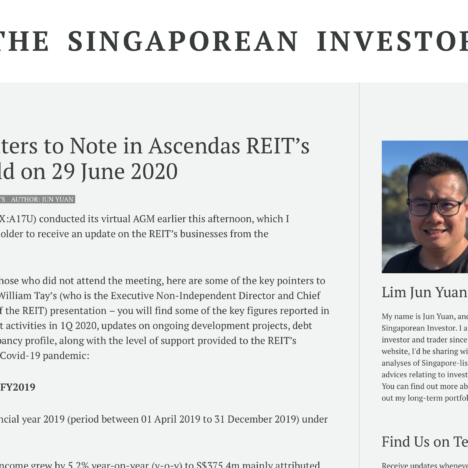 Key Pointers to Note in Ascendas REIT’s AGM Held on 29 June 2020