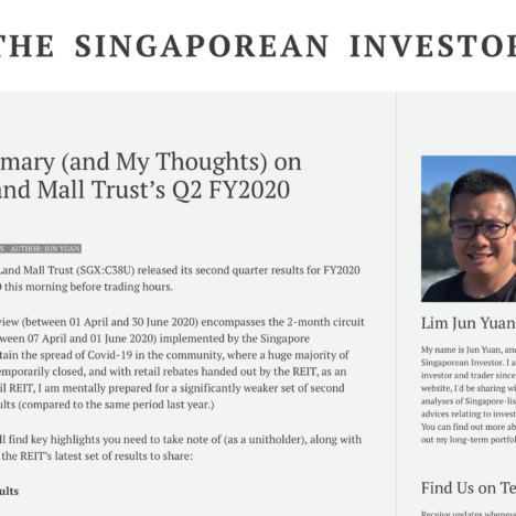 Key Summary (and My Thoughts) on CapitaLand Mall Trust’s Q2 FY2020 Results