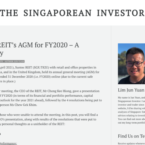 Suntec REIT’s AGM for FY2020 – A Summary