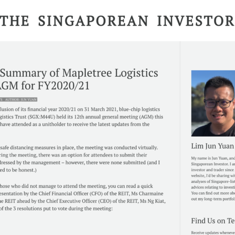 A Quick Summary of Mapletree Logistics Trust’s AGM for FY2020/21