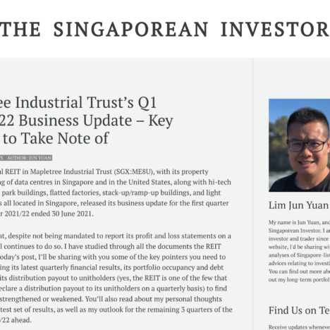 Mapletree Industrial Trust’s Q1 FY2021/22 Business Update – Key Pointers to Take Note of