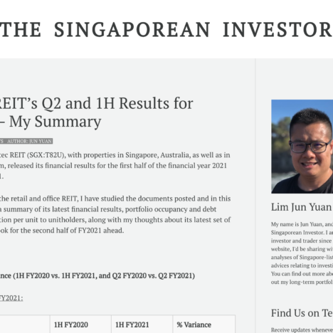 Suntec REIT’s Q2 and 1H Results for FY2021 – My Summary