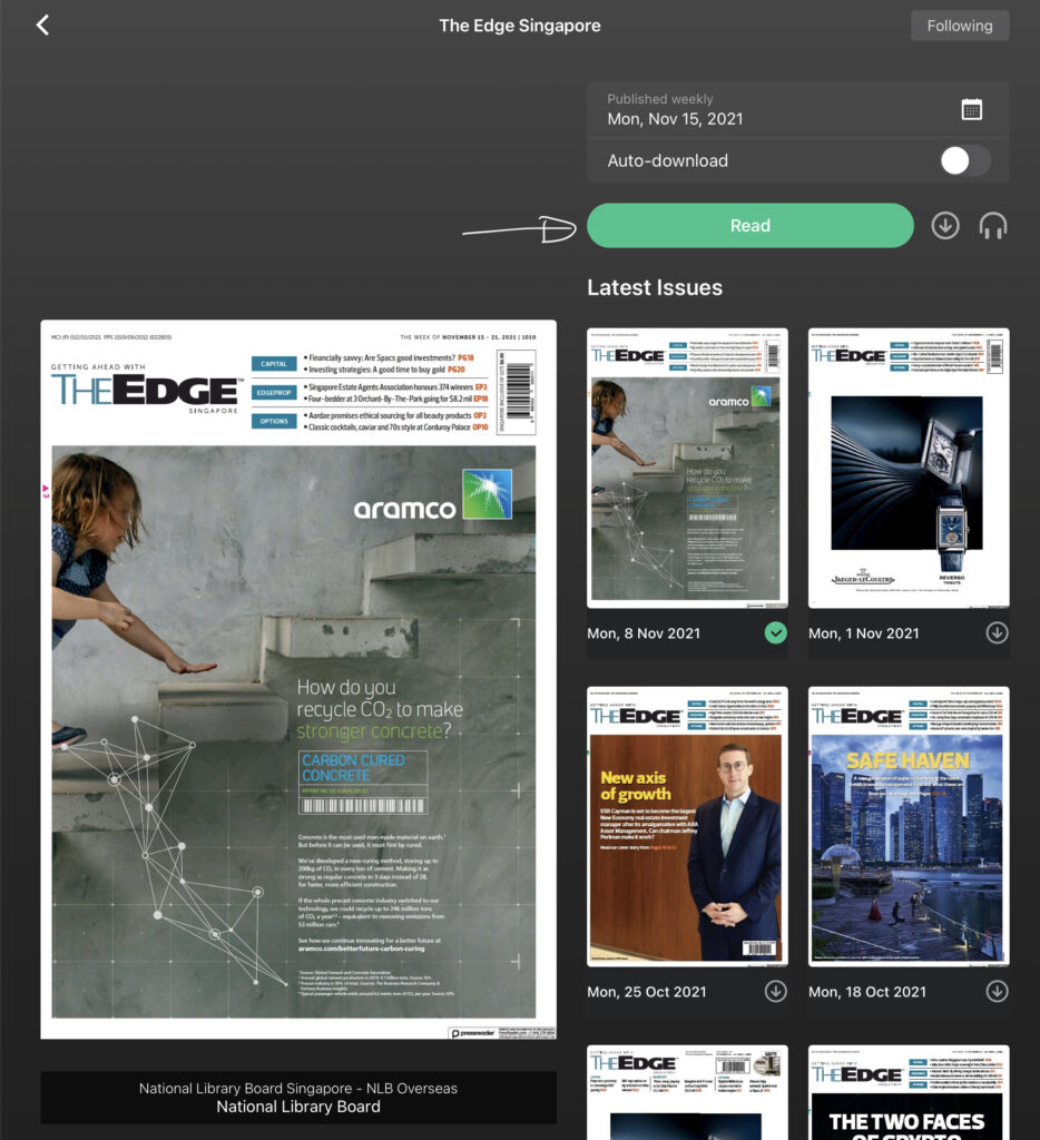 Tap on the 'Read' Button to Start Reading the Latest Edition of 'The Edge Singapore'
