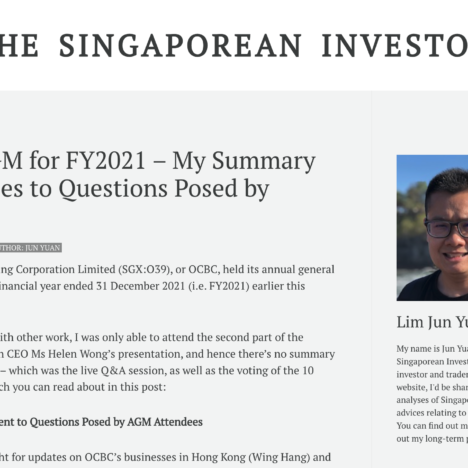 OCBC’s AGM for FY2021 – My Summary of Responses to Questions Posed by Attendees