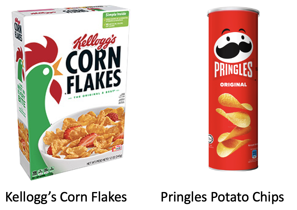 Kellogg's Corn Flakes, and Pringles Potato Chips are examples of products manufactured and marketed by US-listed Kellogg Company.