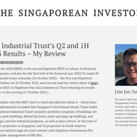 Mapletree Industrial Trust’s Q2 and 1H FY2022/23 Results – My Review